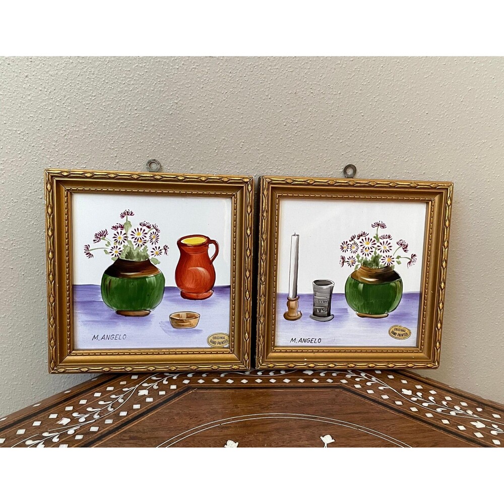 Vintage M. Angelo Hand Painted Framed Tile Set Of 2 Japan